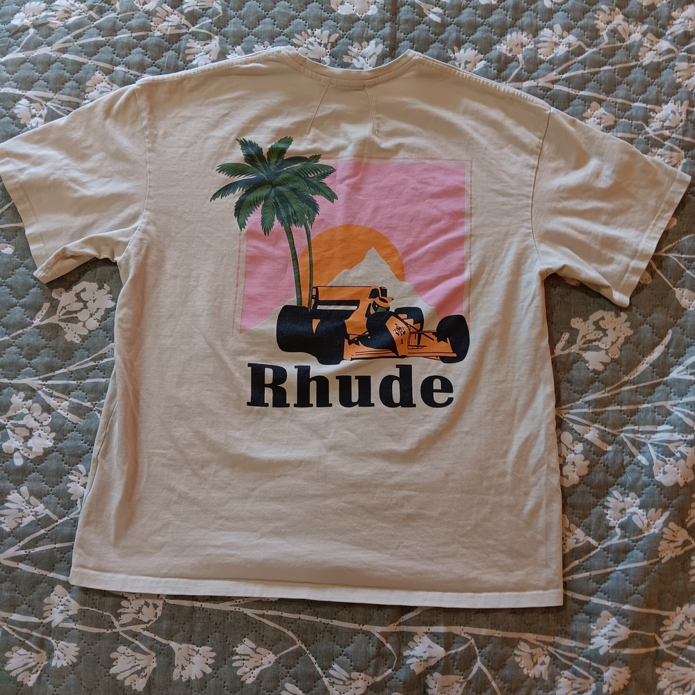 Rhude Beige Tee with Palm Tree and Car Graphic